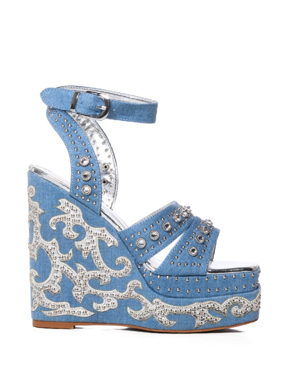 AKIRA Azalea Wang Nutmeg Embellished Denim Wedge Sandals Size 8, NEVER WORN - Picture 3 of 8